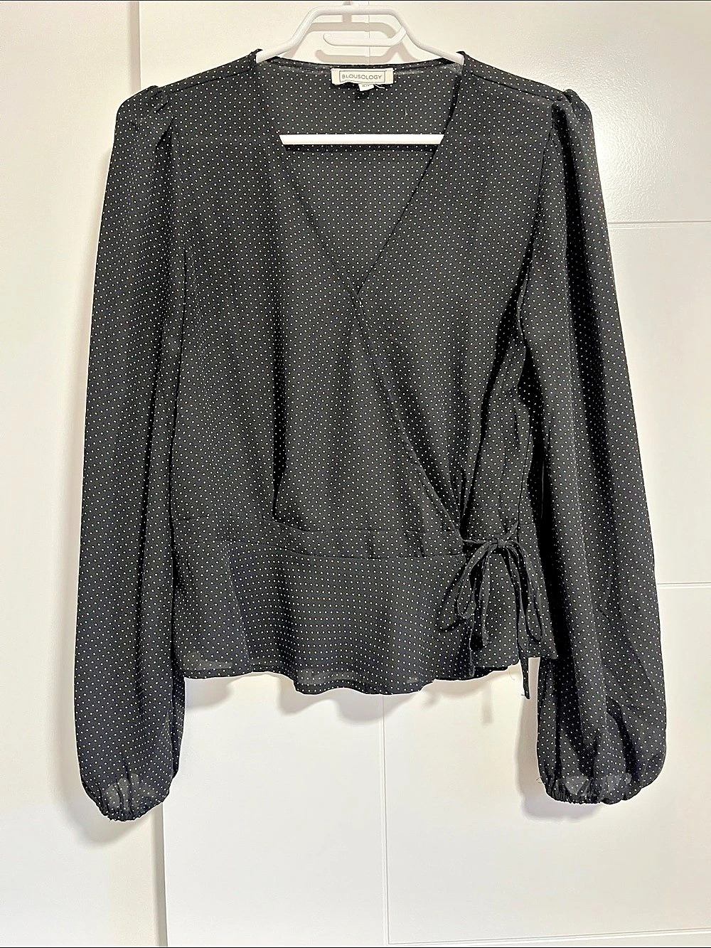 Topshop Wrap Blouse with Puff Sleeves in Black & Gold